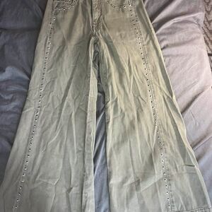 Pilcro Wide Leg Olive Studded Jeans Sz Petite 27P $168